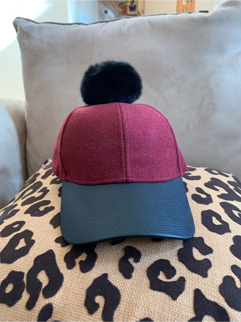 Women’s Burgundy Pom-Pom Hat with Black Visor NWOT!